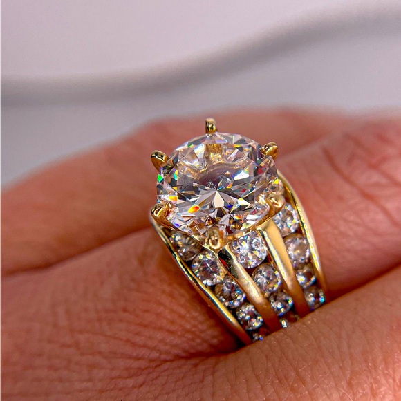 Gold Tone Round Cute Cubic Zirconia with Rows Stones Beneath Ring - Picture 6 of 8